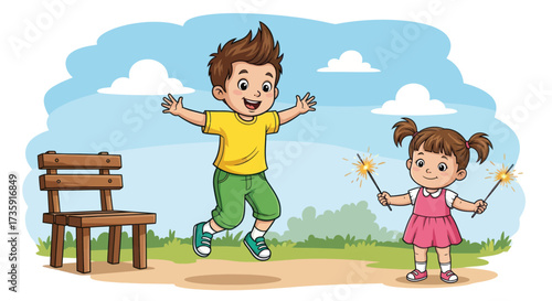 Energetic Boy Jumps Joyfully Beside Girl Holding Sparklers in a Park.