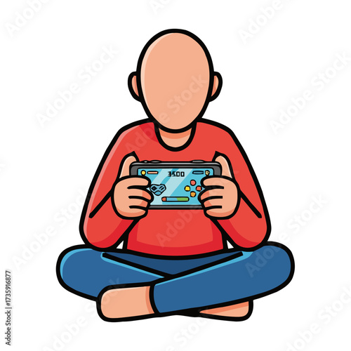 Person sitting crosslegged and playing video game on portable console