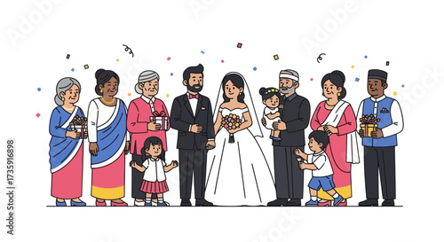 Diverse family and friends celebrating a joyful wedding illustration.