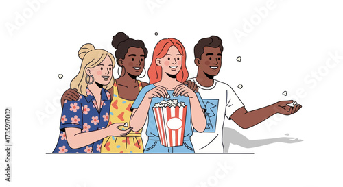 A diverse group of young friends happily watching a movie together with popcorn and a remote control.