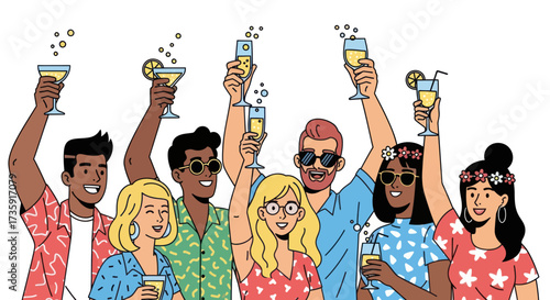 Group of Diverse People Celebrating with Cocktails Raising Glasses in Festive Cheer.
