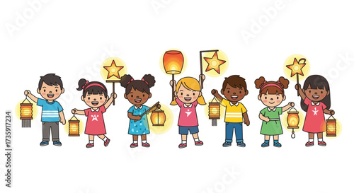 Diverse group of happy children holding colorful lanterns and star lights.