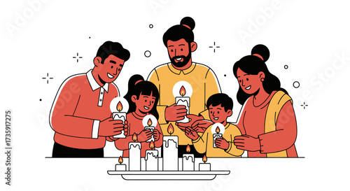 A diverse family of five gathered together holding and lighting candles in a warm unified ceremony.