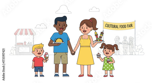 A happy diverse family of four enjoying various treats at an outdoor cultural food fair.