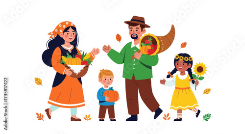 Happy Family Celebrating Autumn Harvest with Cornucopia Fruits and Pumpkin.
