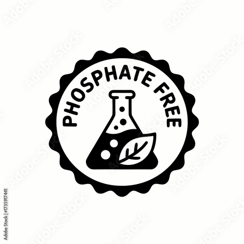Phosphate Free Black Wavy Round Stamp Vector - Chemical Product Eco-Friendly Flask and Leaf Icon