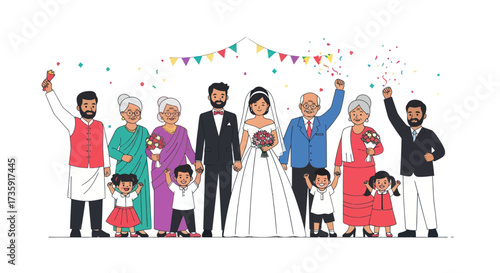 Diverse Family Celebrating a Joyful Wedding Ceremony with Confetti and Bunting.