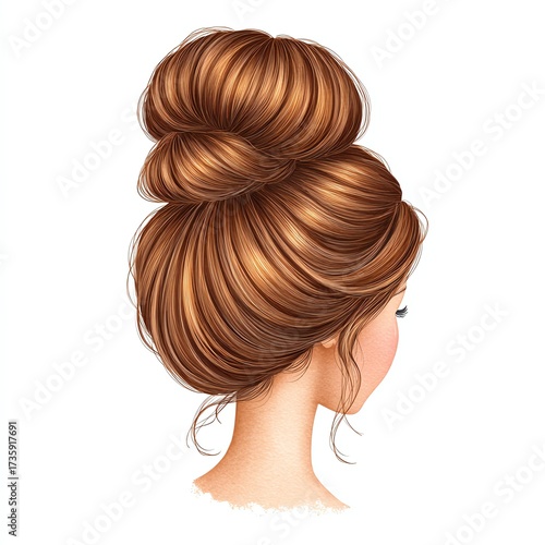 a woman with stylish, eye-catching hairdo and her back is facing. This is a close-up portrait style art featuring a woman with brown hair styled in a bun and her head is turned to the left side 