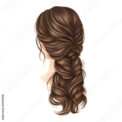 Elegant hairstyle with braid and waves, showing the beauty of flowing brown hair