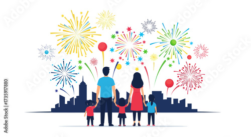 Family Watching Colorful Fireworks Display Over City Skyline.