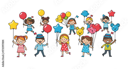 Diverse group of happy children holding colorful balloons and celebrating.