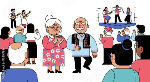 An elderly couple joyfully dancing together at a lively outdoor music festival or community event.