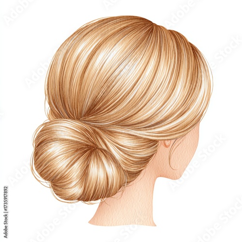 A delicate watercolor painting of a woman's elegant hairstyle, showcasing the back of her head and neck