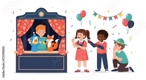 Children Enjoying a Lively Puppet Show Performance with Colorful Decorations.