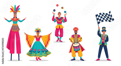 Colorful Carnival Performers in Festive Costumes and Accessories.