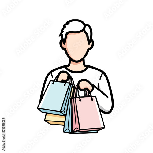 Person holding several colorful shopping bags, isolated on transparent