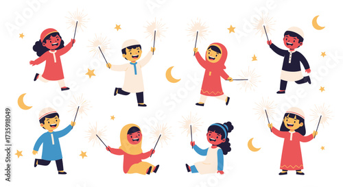 Cheerful Children Celebrating Ramadan with Sparklers and Crescent Moons in Festive Attire.