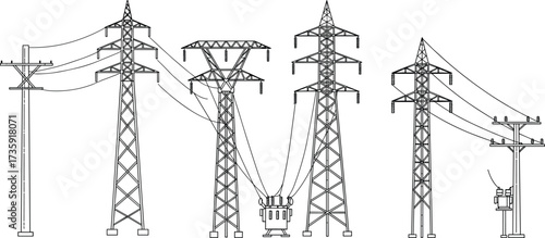High voltage power transmission towers, electrical substation transformer, utility poles, power lines, energy distribution grid, industrial engineering design