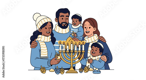 Happy diverse family in winter sweaters celebrating Hanukkah and lighting the menorah.