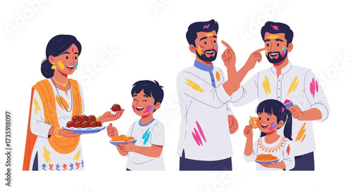 Family Celebrating Holi with Sweets and Colors Enjoying Festive Moments Together.