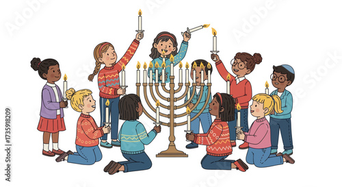 Diverse Children Lighting Hanukkah Menorah Illustration.