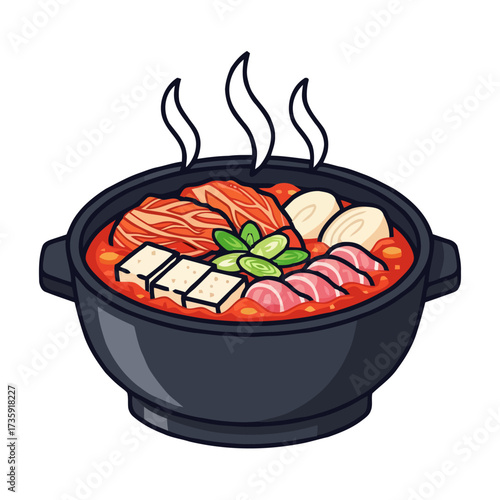 Steaming bowl korean kimchi jjigae, hearty and spicy stew with tofu, meat, and vegetables, perfect for cold day
