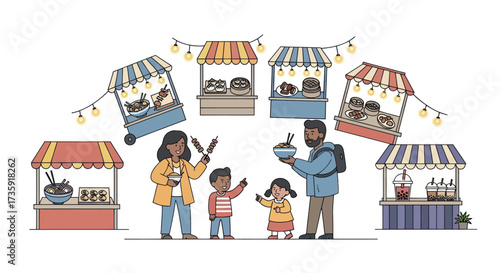 Family at a Food Market with Colorful Stalls and String Lights.