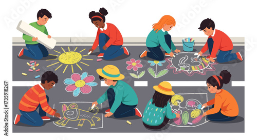Children Drawing Colorful Chalk Art on Pavement Surface.