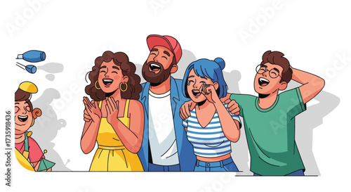 A cheerful and diverse group of young friends laughing hysterically together in a comic illustration.