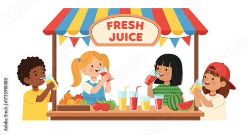 Happy Children Enjoying Fresh Juice at a Colorful Stand.