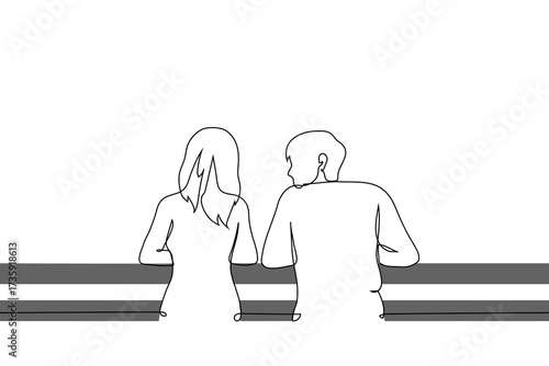 woman and a man standing with their forearms on a railing, the man looking at the woman, viewed from behind - one line art vector. Concept: friends, lovers, or siblings conversing.
