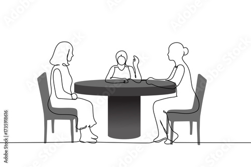 group of women sitting at an empty table - one line art vector. Concept friends in a cafe or restaurant waiting for their order, women's discussion