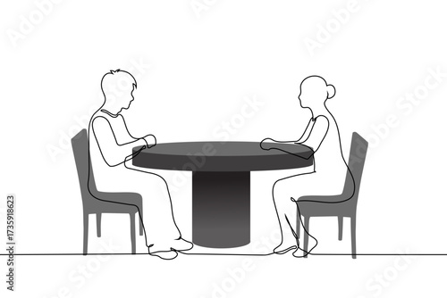 man and a woman sitting at a round empty table opposite each other - one line art vector. Concept blind date, job interview, business meeting