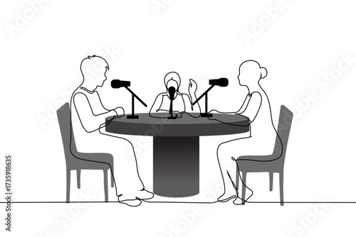 group of people sitting at a round empty table and hosting a podcast - one line art vector. Concept: audio podcast, radio program