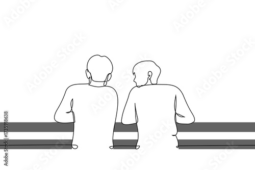 man looking at another man, back view - one line art vector. Concept: friends, brothers, colleagues, lovers conversing