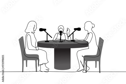 group of women sitting at a round table with microphones and hosting a podcast - one line art vector. Concept women's audio podcast, women only radio program