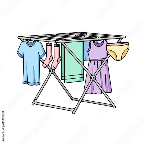 Clothes drying on rack, including tshirt, socks, towel, dress, and underwear