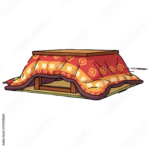 Japanese kotatsu table with warm blanket, low wooden table with heated base and patterned cover