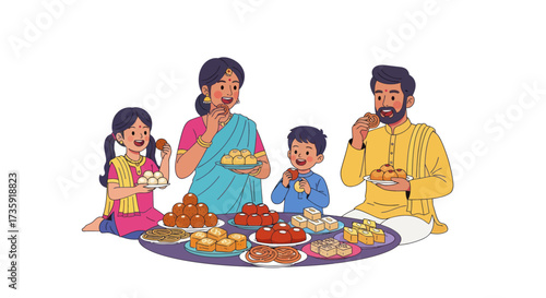 Indian Family Enjoying Festive Sweets Together Celebrating with Traditional Food.
