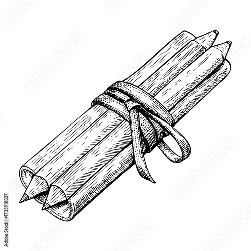 Tied cinnamon bundle illustration in hand drawn vintage sketch