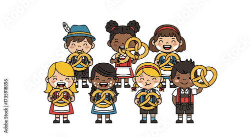 A diverse group of happy cartoon children in traditional German outfits holding pretzels.