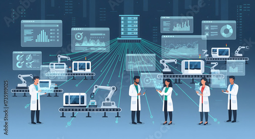 Scientists operate automated assembly lines with robotic arms and data analytics displays