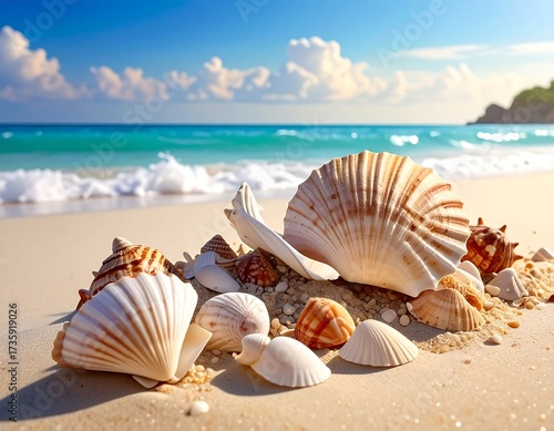 Seashells on a sunny beach