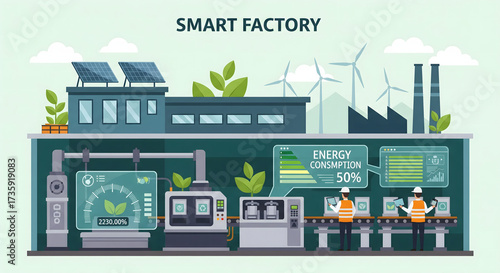 Modern smart factory with solar panels wind turbines automated production and energy efficiency displays