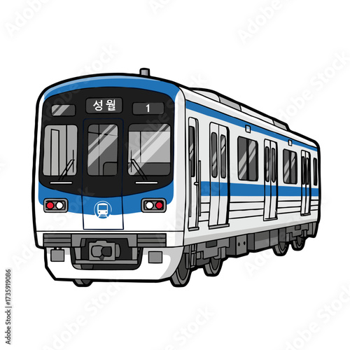 Cartoon modern subway train with blue and stripes, featuring korean characters on the front, isolated on transparent