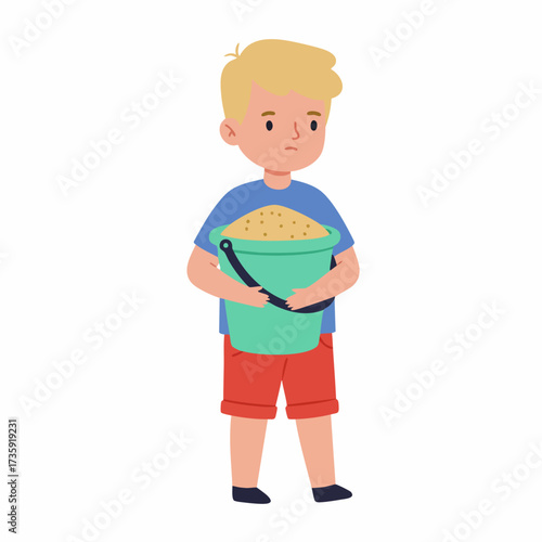 Cute Cartoon Blond Boy Holding Green Bucket Filled with Sand Illustration