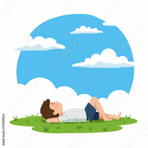 Flat Illustration Man Lying Down On Green Grass Cloud Sky Landscape