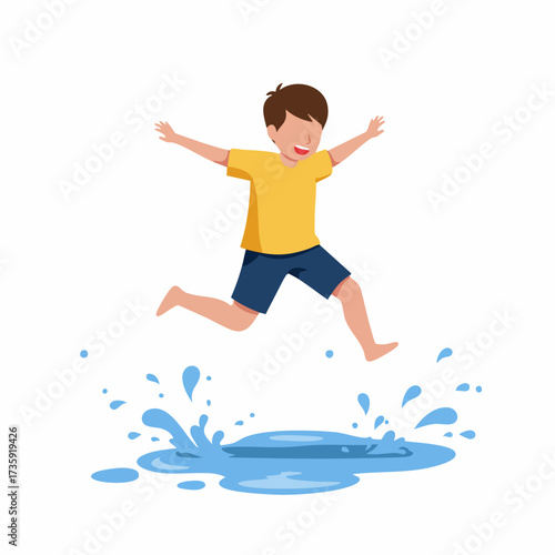 Cartoon Style Young Boy Jumping Happily into a Puddle Illustration