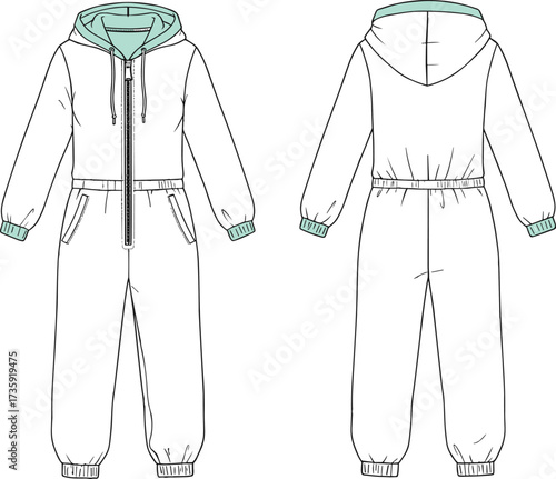 Hooded jumpsuit front back view, technical flat sketch, vector fashion design, elastic waist, pocket detail, zipper closure, cad illustration