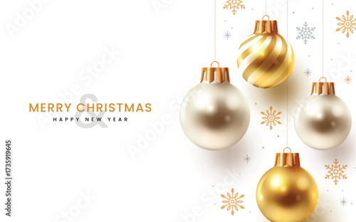 Minimalist Christmas and New Year greeting with gold and white baubles and snowflake elements on white background.
